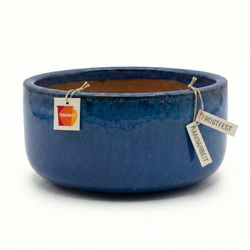Teramico Vaso per piante in gres porcellanato, resistente al gelo, realizzato a mano, in ceramica, resistente all'inverno, rotondo, con foro, resistente alle intemperie, massiccio e robusto (blu reale