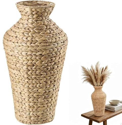Vasi intrecciati, grande vaso da pavimento per soggiorno, vaso di fiori secchi in giacinto d'acqua naturale per corridoio, ingresso, 56 cm, vaso per fiori secchi