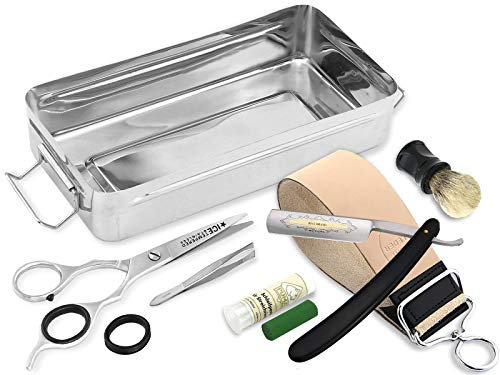 Geschenk Set Herren Rasiermesser-Set mit Komplett Set Zubehör Paste Solingen und Leder Profi Streichriemen Nasenhaarschere Bartschere Rasier Box von InstrumenteNrw Deutschland