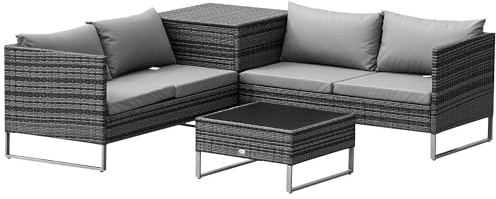 Outsunny 4 Seater Rattan Corner Sofa Set, Wicker Rattan Garden Furniture Set with Loveseats, Tables, Cushions for Outdoor, Patio, Grey