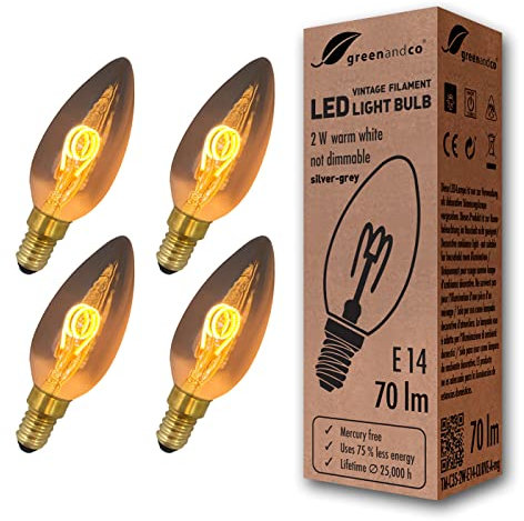 greenandco 4x Vintage Glühfaden LED Kerze | silbergrau | E14 C35 | 2W 70lm | 1800K extra warmweiß | 360° | 230V | flimmerfrei | nicht dimmbar