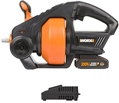 WORX 18V(20V MAX) Drain Auger WX891, Cordless Plumbing Snake for Kitchen Sink Bathtub Shower Drain,7.6m(25ft) Telescopic Shaft, Powershare, 1 * 2.0Ah Lithium-ion Battery, 1 * 2A Charger