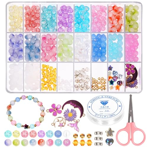 Swpeet 627Pcs 18 Colores 8mm Color Transparente Perlas de Vidrio Pulsera Hacer Kit Incluye Perlas de Vidrio Acrílico, Colgante, Tijeras, Cuerdas Elásticas Cable para DIY Perlas Collar