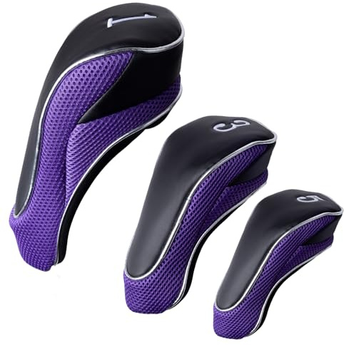 Andux Golf Club Driver Wood Head Covers with Hook & Loop Set of 3 Black/Purple