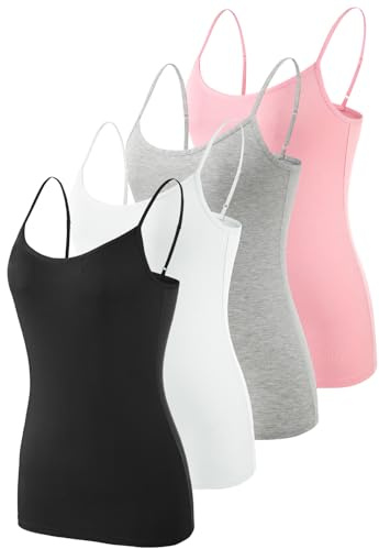 Knuffnee 4 Pack Womens Camisole Adjustable Spaghetti Strap Tank Tops Basic Undershirt Cami Tops Pink/Grey/White/Black L