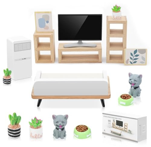 12PCS Miniature Dollhouse Living Room Furniture Set, Wooden Mini Furniture Dollhouse Accessories with Sofa TV, Pretend Play Furniture Toys for Kids Age 3+ Birthday