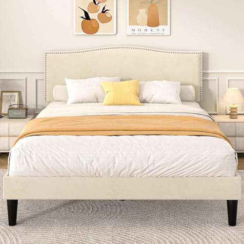 VECELO - Cama Doble Acolchada de 140 x 190 cm, Marco sólido y Soporte para láminas de Madera, Fuerte Capacidad de Peso, Antideslizante y sin Ruidos, Tejido Aterciopelado, Montaje fácil, Beige