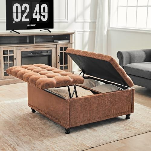 Redlife Coffre de Rangement, Table Basse Ottoman de Rangement, 89.9 cm Grand Banc de Rangement, Ottoman de Rangement Capitonné pour Salon (Brun)