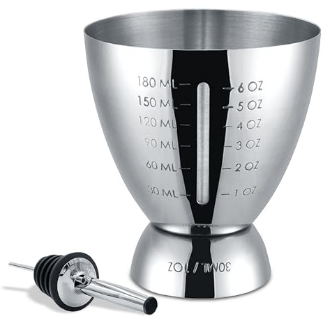 Homestia 18/8 Stainless Steel Double Jigger for Bartending, Cocktail Measuring Jigger for Bartender with Graduated Marking 1 oz to 6 oz Heavy Duty Shot Measure Cup With 1 Pourer (Set of 2)