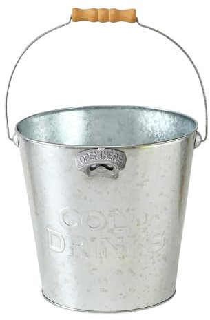 Cubo de hielo de zinc con abrebotellas integrado, plata, refrigerador de metal para bebidas, 22 cm con mango de madera, cubo de hielo, enfriador de botellas, enfriador de vino, cuenco de champán,