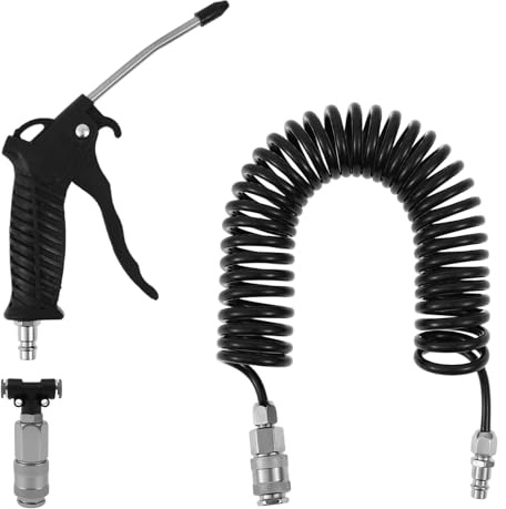 Druckluftpistole mit 5m Spiralschlauch Ausblaspistole Druckluft mit T Stück Schnellkupplung LKW Luftpistole Luftdruckpistole Für Auto LKW PKW Boot
