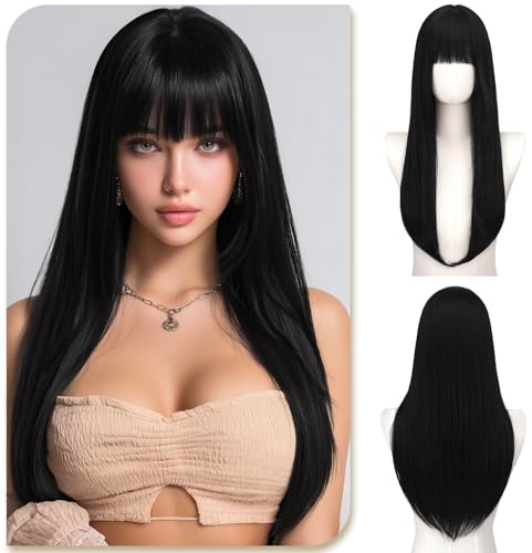 Sofeiyan Negro Natural Peluca con Flequillo,60 cm Pelucas Larga y Lisa de,Sintética Resistente al Calor Peluca Natural Elegante para Mujer,para Diarios Citas Fiesta Vacaciones
