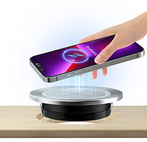 Desk Wireless Charger, Induktionsladegerät Einbau Fast Kabelloses Ladegerät Induktive Ladestation Einbau von Furniture Grommet, kompatibel mit iPhone 16/15/14/13/12 Pro/Max, Samsung Serie, Silber