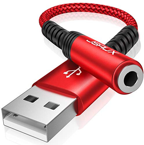 JSAUX USB A auf 3.5mm Klinke Aux Adapter, USB auf Aux Audio Headset Adapter TRRS Stereo Externe Soundkarte kompatibel mit PS4, Headset (CTIA/OMTP Standard), Mikrofon, Laptop, PC Rot