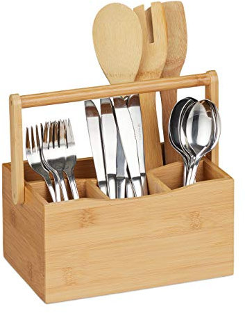 Relaxdays Besteckhalter Bambus, 4 Fächer, Henkel, Küchenutensilienhalter, Tischbutler für Besteck & Servietten, natur, 1 Stück