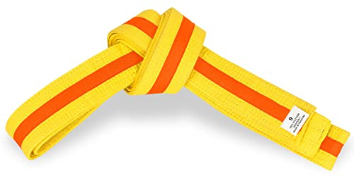 MACS Martial Arts 1.75 Wide Karate/Taekwondo Double Wrap Belts with Color Stripe (Yellow Belt with Orange Stripe, 3 = 96'')