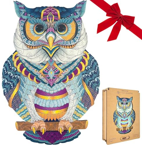 Lubiwood Cosmic Owl Unique Shaped Animal Wood Puzzle (42x29 cm) - European design, Stimulates Cognitive Skills - Includes Wood Gift Box - Ideal Adult Pastime