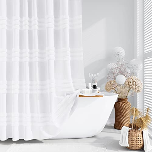 Dynamene White Fabric Shower Curtain, Tufted Chenille Striped Textured Cloth Shower Curtain for Bathroom, Modern Farmhouse Shabby Chic Waterproof Shower Curtain Set with Hook, Machine Washable, 72x72