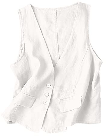 UATKIMI Womens Cotton Linen Vest Casual Loose V Neck Sleeveless Vests Jacket(White,M)