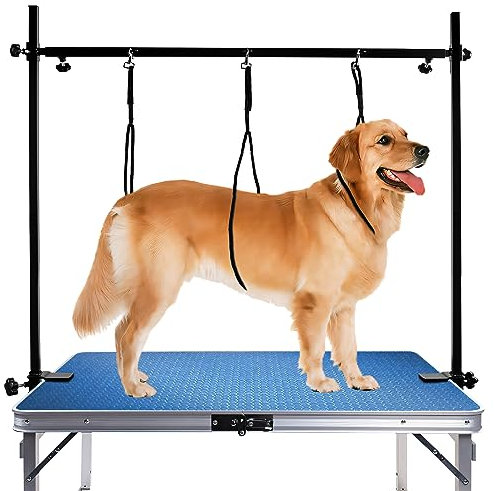 Kalolary 35,5 Zoll Faltbarer Haustier Fellpflege Arm, H-Form Pet Tischarm mit Klemmschleifenschleifen ohne Sit-Höhlenhalter, Breite und Höhenanpassung Pflegearm für große mittel kleine Hunde