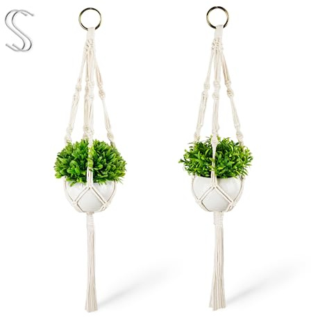 PASCH® Set med 2 konstgjorda växter med makramé, amplar och vita keramiska krukor | konstgjorda växter (14 cm) + blomampel, makramé (60 cm) | konstgjord hängväxt, konstgjorda hängväxter