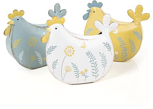 Logbuch-Verlag Decorazione a 3 galline, in metallo, giallo, bianco, blu, da appoggiare, 15 cm, regalo per cucina, estate, giardino, 15 x 13 cm