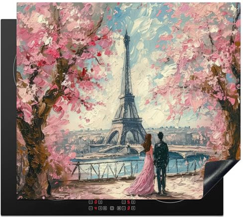 KitchenYeah© Cubre Vitrocerámica - Protector Vitroceramica Induccion 60x52 cm - Tapa Vitroceramica - Protector de Vitroceramica Torre Eiffel - París - Pareja - Rosa - Amor