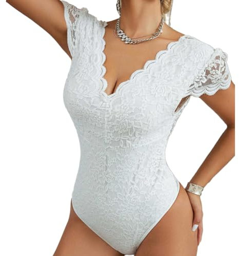 Odizli Spitzen Oberteile Damen Spitzenbody Elegant Sexy Kurzarm V-Ausschnitt Blume Spitze Durchsichtig Rückenfreies Enge Body Bodysuit Spitzentop Spitzenbluse Festliches Party Blusenbody Weiß L