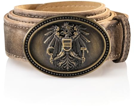 Schöneberger Traditionell kostym för män, österrike, läderbälte med Österrike, örn spänne, läderbyxor bälte av vildbockläder, franco, Torvbrun, Bundweite 110 (54-56)