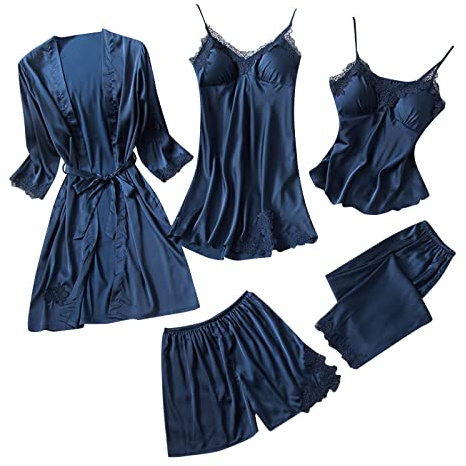 Conjunto de pijama de seda para mujer, ropa de dormir para niñas, ropa de dormir de satén, pijamas de encaje floral, 5 piezas, bata de noche sin almohadilla en el pecho, pide una talla más grande