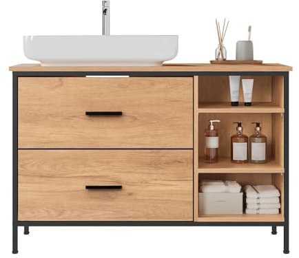 EUGAD Armario Baño de Pie, Mueble Baño Bajo Lavabo con 2 Cajones y 3 Compartimentos Abiertos, Armario Lavadora con Recorte Sifón, Mueble Auxiliar Baño con Estantes Ajustables, 90x30x60 cm