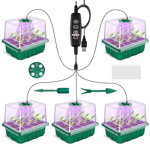 DOUUCO 5 Stück Zimmergewächshaus Anzuchtkasten, Mini Gewächshaus Anzuchtbox Pflanzenlichter, Anzucht Set mit Timing Controller Einstellbaren Helligkeit mit Erhöhtem Deckel, für Pflanzenwachstum