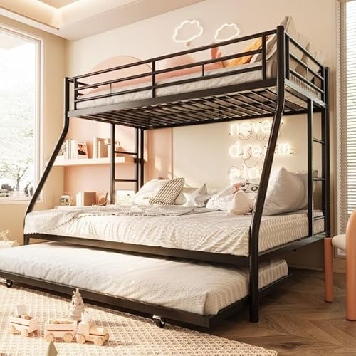 SUNLEI Metal Bunk Beds with Double Secured Ladders, Twin Over Full Bunk Bed with Surrounded Safety Guardrails, Space Saver Twin Beds, Noise Free for Small Bedroom, with Trundle, Black
