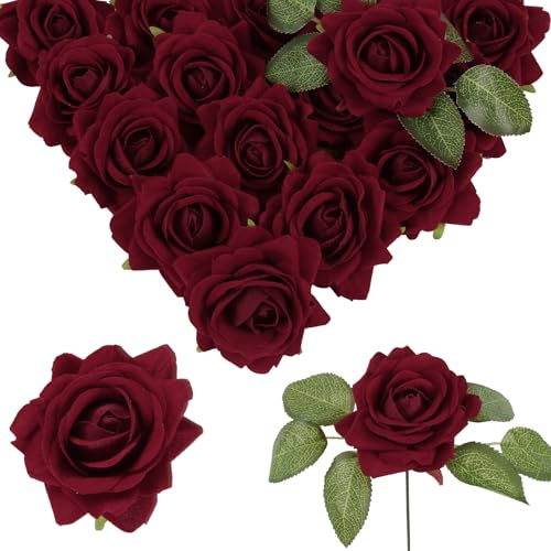 INSUNSIX Rose bordeaux artificiali in velluto, 16 pezzi, 8 cm, rose in seta per bouquet da sposa, fiori per centrotavola floreale, decorazione per la casa e le feste (bordeaux)