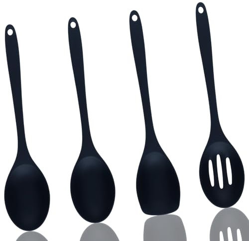 Set di Utensili da Cucina in Silicone, 4 Pezzi Cucchiaio da Cucina per Mescolare, Cucchiai di Silicone Antiaderente, Mestolo Cucina Grande per Cucinare, Cuocere, Mescolare e Servire (27,5 cm)