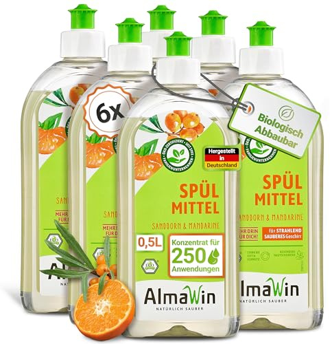 AlmaWin® Spülmittel Öko [6x 500ml] mit Sanddorn & Mandarine-Duft - Kraftvolles Geschirrspülmittel flüssig mit hoher Fettlösekraft - Vegan Dish Soap - Biologisch abbaubares & ergiebiges Konzentrat