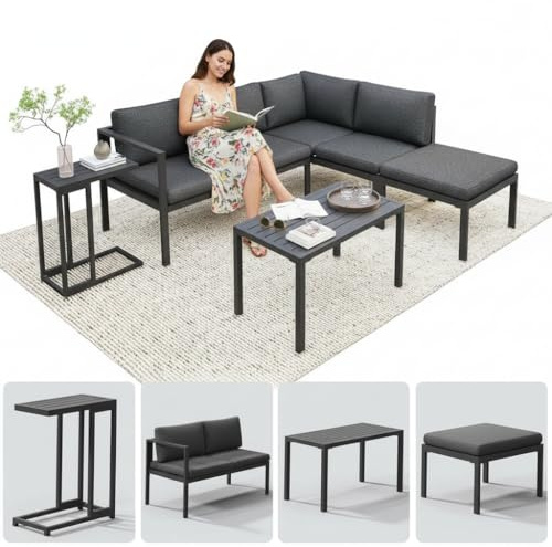 Melko Aluminium Essgruppe Set Ecklounge mit Hocker und Beistelltisch | wetterfest und rostfrei | Sitzgruppe variabel aufstellbare Elemente extra Dicke Wasserabweisende Kissen Sitzecke Outdoor