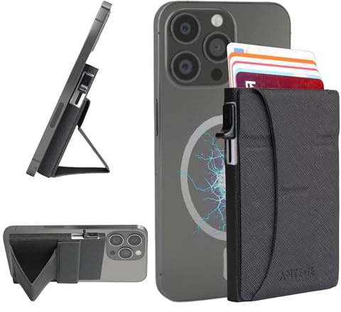 Tarjetero MagSafe de Cuero Vegano con Soporte Ajustable y Bloqueo RFID, Magsafe Wallet Apple, Cartera Magnética Compatible con iPhone 12 13 14 15 16. Capacidad para 7 Tarjetas (Negro/Plata)