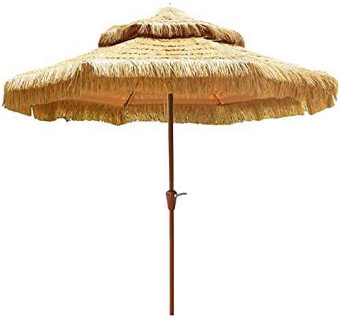 CLSDRZC fuera de la parasol de jardín impermeable con manivela de poste de madera, paraguas de la mesa de mercado doble de paja de 9 pies para la playa, el hotel, el patio de villa y el patio trasero