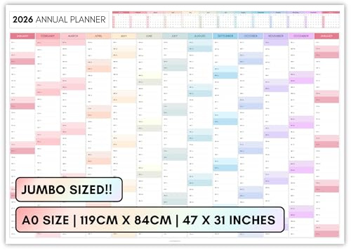 2026 Planificador Mensual Gigante de Pared, A0 119 cm x 84 cm | IMPRESIÓN GIGANTE DOBLE LADO, Calendario de Pared Arcoíris 2026, Planificador Anual, Vista Completa del Año | Organizador para Oficina