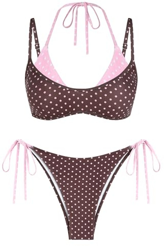 ZAFUL Women's Polka Dot Bikini Set Double Layer Halter Swimsuit Colorblock Side Tie 2 Piece Bathing Suit 0-Brown Polka dots L