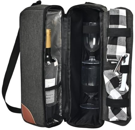 Wine Bag,Insulated Cooler Bag with Wine Glasses Steel Corkscrew Bottle Opener and Napkins Portable Wine Gift Bag for Picnics,Party,Travel (Gray)