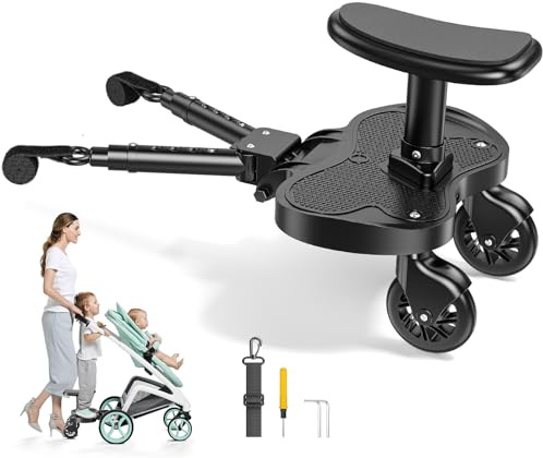 Universal Buggy Board with Seat, Portable Kiddy Board, Adjustable Stroller Footboard for Children 2-6 Years (50kg Capacity), 360° Wheels & Shock Absorption, Fit Most Pushchairs