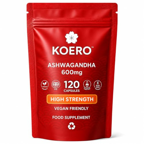 KOERO Ashwagandha Root Powder 600mg, 120 Vegan Capsules | 600mg Root Powder, 120 Vegan Capsules, 4 Month Supply