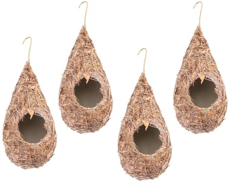 TOYANDONA 4 Pièces Nid Oiseaux Suspendu Paille Tressée Naturelle Habitat Confortable pour Petits Oiseaux Style Rustique avec Ventilation et Drainage pour Balcon et Jardin