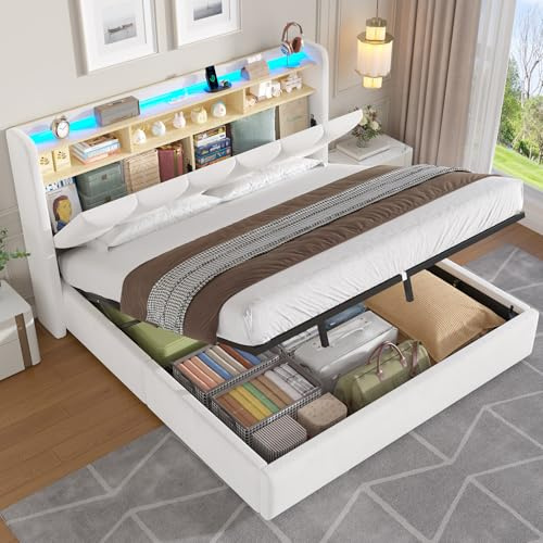 Brinlawb Lit Coffre 180x200 avec Dossier Confortable Incliné Rembourré et Rangement Caché, Lit 180x200 cm avec Éclairage LED et Multiprise (2 AC, 1 USB-A, 1 USB-C) Système Hydraulique, Velours Blanc