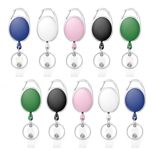 10 Pack Retractable Keychain Lanyard Clip 5 Colors | Heavy duty ABS casing, 60cm braided nylon cord, dual secure clips, retractable lanyard extender, retractable key ring