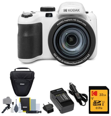 Kodak PIXPRO Astro Zoom AZ425 20MP Digital Camera (White) Bundle with 32GB SD Card, Rechargeable Battery and Charger Kit, Camera Case and Accessory Kit (4 Items)