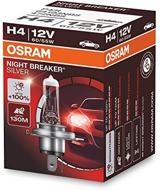 Osram Night Breaker Silver H4, +100% mehr Helligkeit, Halogen-Scheinwerferlampe, 64193NBS, 12V Pkw, Faltschachtel (1 Lampe)
