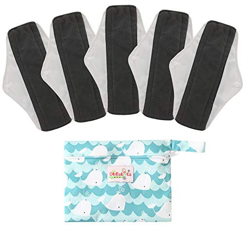 5 Stück Waschbare/Wiederverwendbare Slipeinlagen mit Holzkohle Absorbency Menstruation-Pads Waschbare Stoffbinden, Wiederverwendbare Binden,mit 1 Tragbare Mini Tasche (Klein- 20cm/8.2 inch, Weiß)